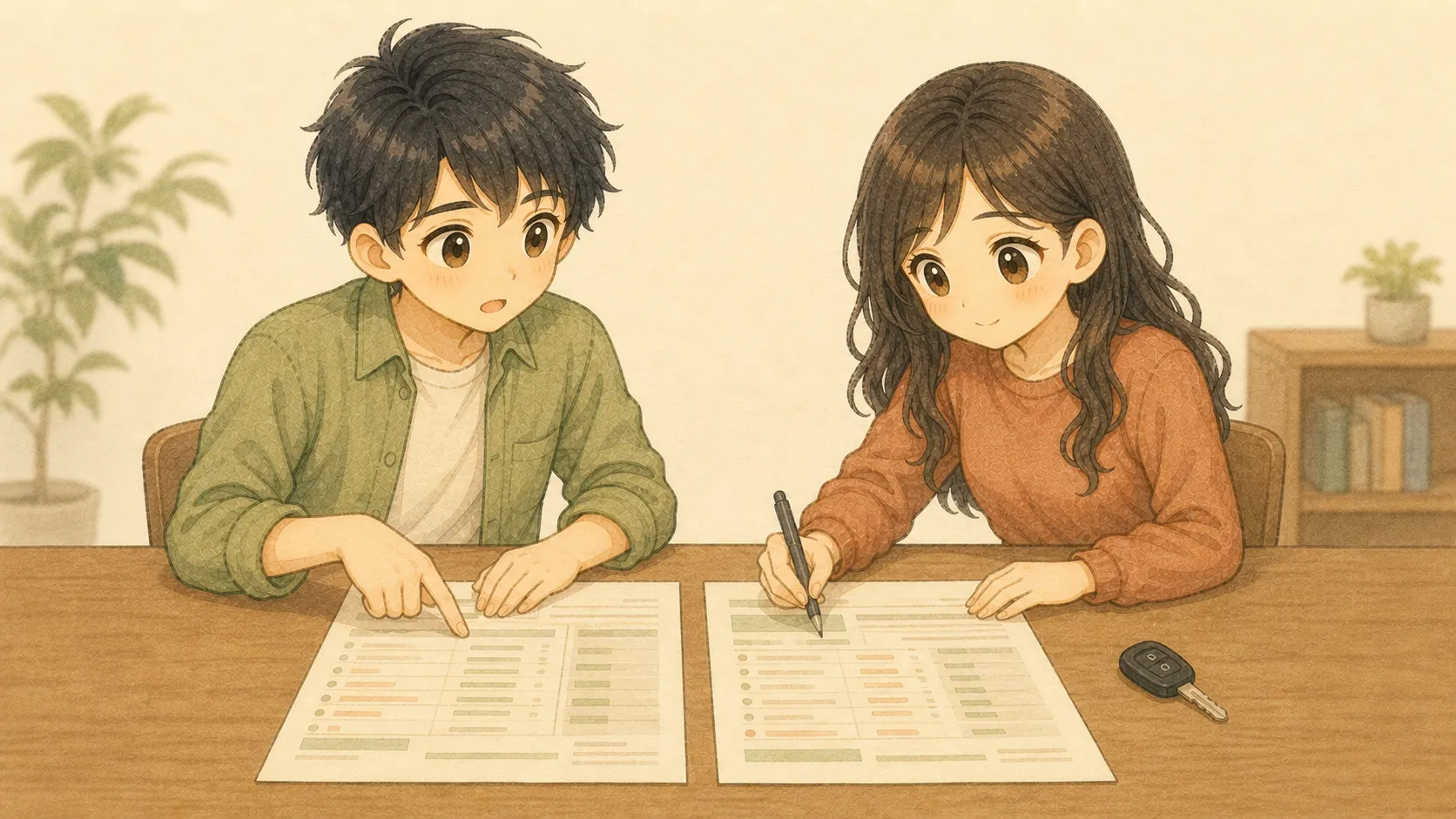 前年の保険証券と更新案内を横に並べ、差分を指さすKとU