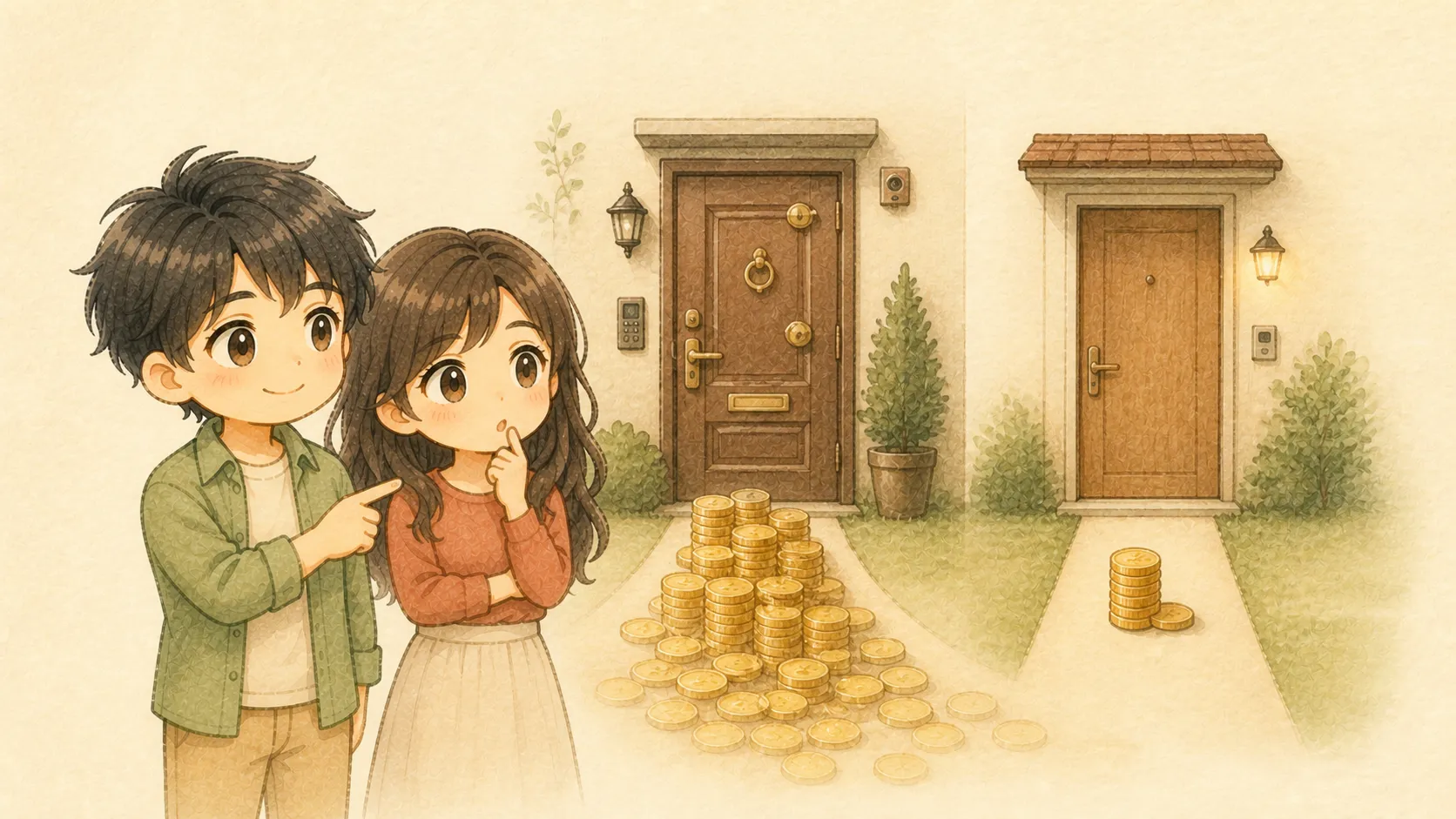 豪華な賃貸とほどほどに快適な賃貸で残るお金が変わる水彩イラスト