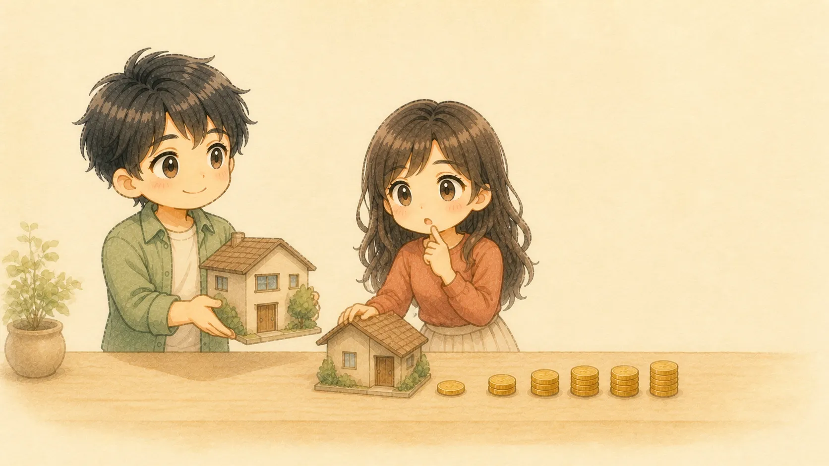 最初に考えた家賃より少し低い家賃も候補に入れるKとUの水彩イラスト