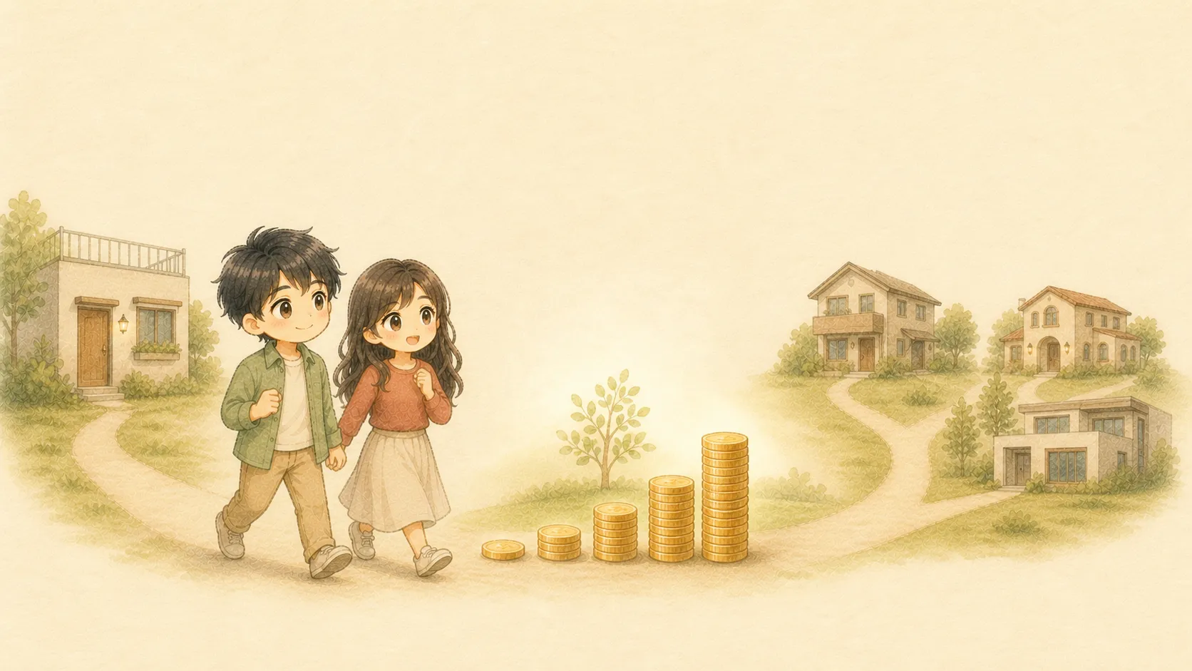 家賃を抑えて資産を育て、将来の住まいの選択肢を増やすKとUの水彩イラスト