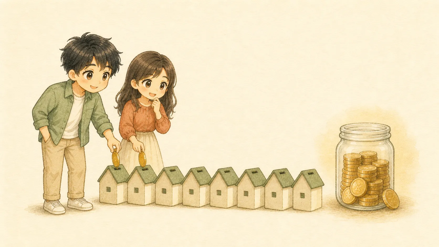 毎月の小さな家賃差が長い時間で大きな貯蓄になる水彩イラスト