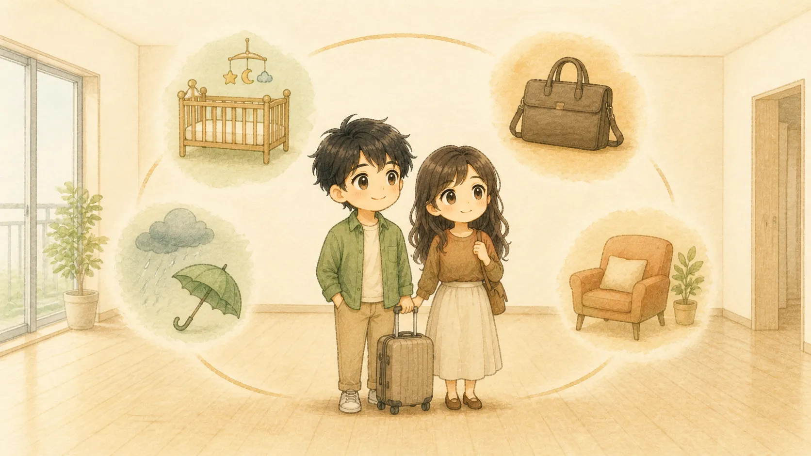 家族や仕事、環境の変化に合わせて住み替えられる賃貸の水彩イラスト