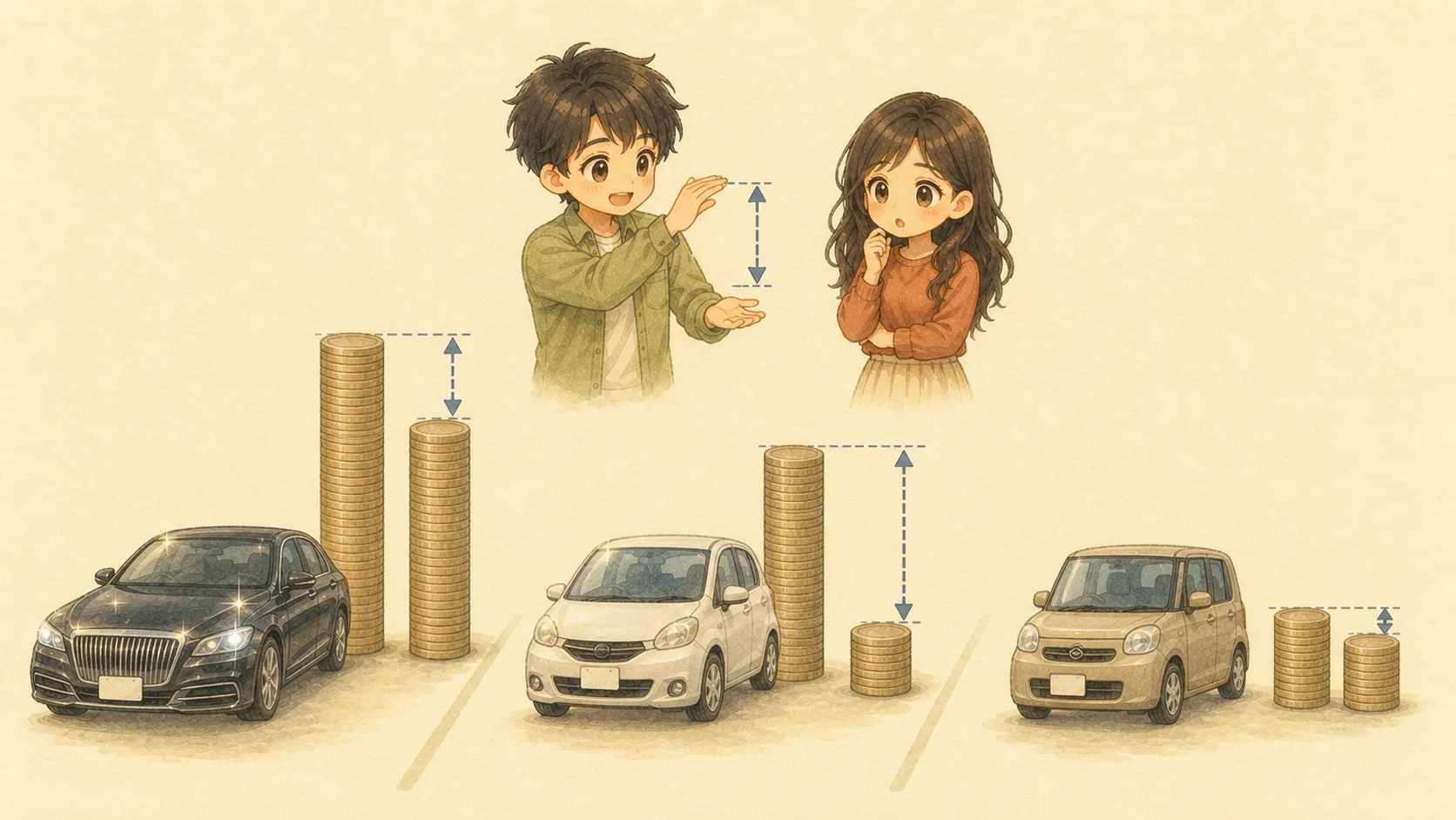 3種類の車を売却時のコインの減り方で比べるKとU
