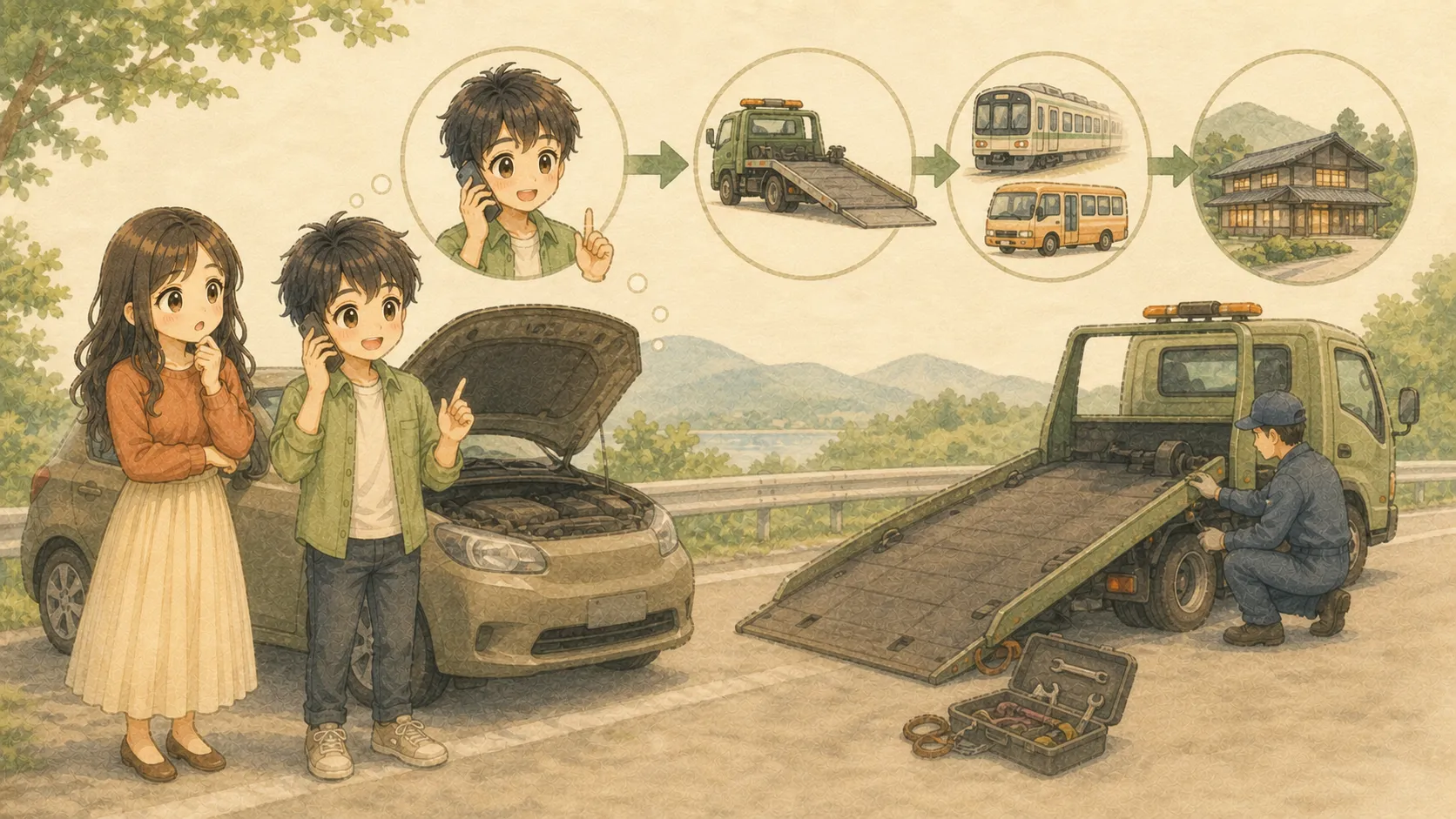 故障車のそばで電話、レッカー、移動、宿泊の流れを確認するKとU