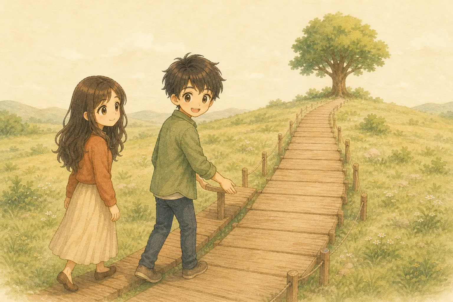 給与だけの細い道を進むUへKが小さな事業の板を加えて道幅を広げる水彩イラスト