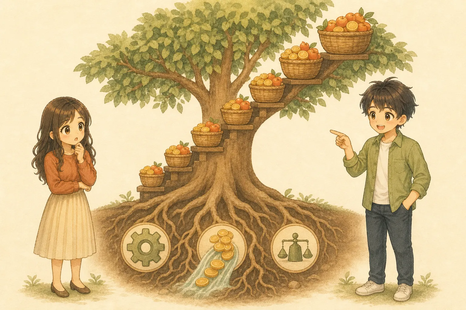 利益と財務を根にして配当が長く育つ木をKとUが確認する様子