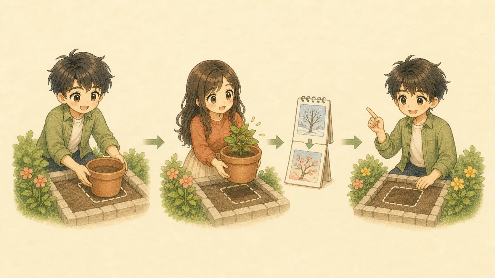 購入額100万円の植木鉢を売却し、翌年に同じ大きさの枠へ入れ替えるKとUの水彩図解
