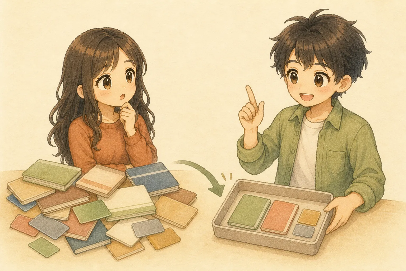KとUが複数の銀行口座とカードを必要なものだけに仕分ける水彩イラスト