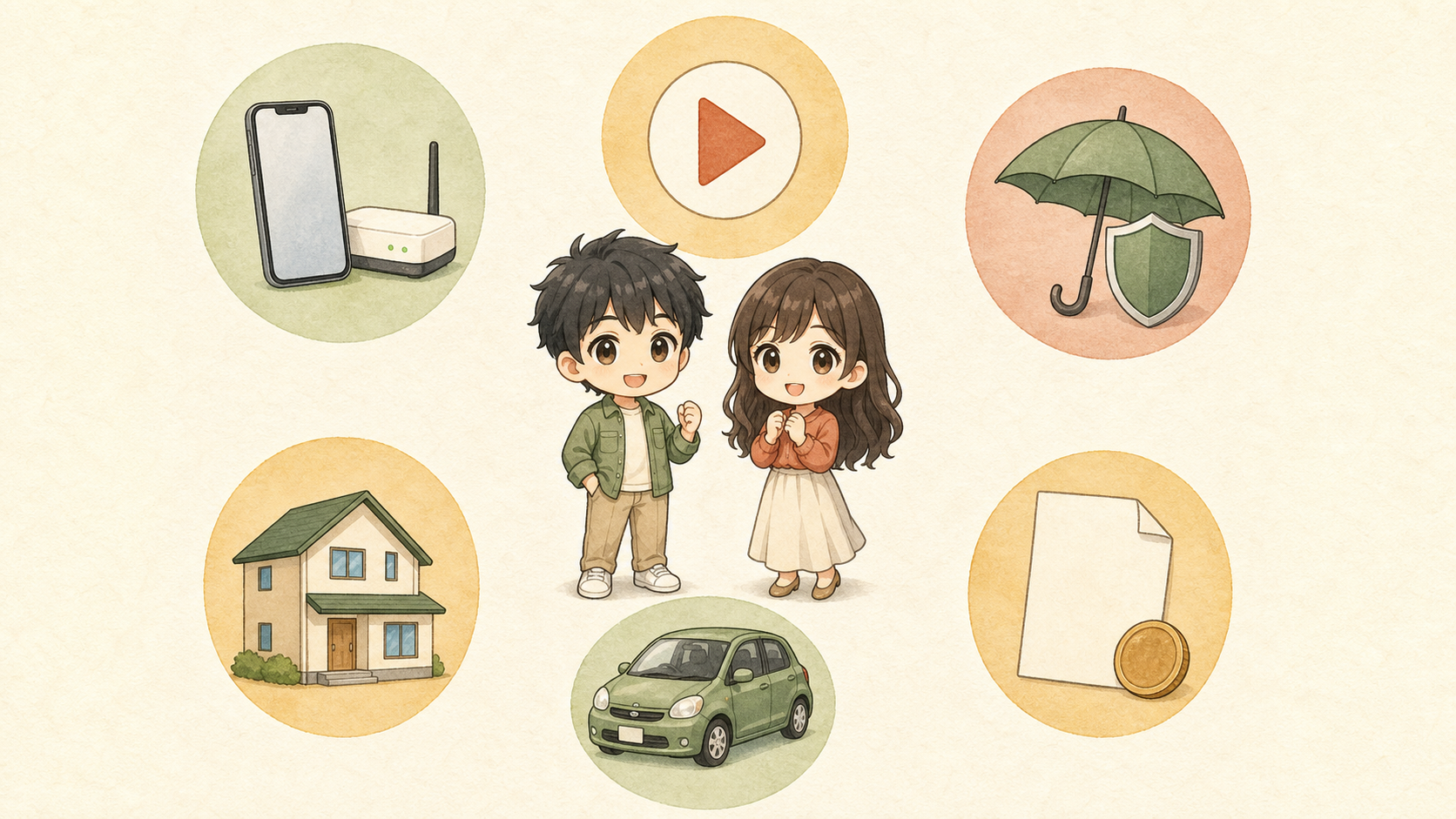 通信、サブスク、保険、住まい、車、税金を示す六つのシンプルな象徴のイラスト