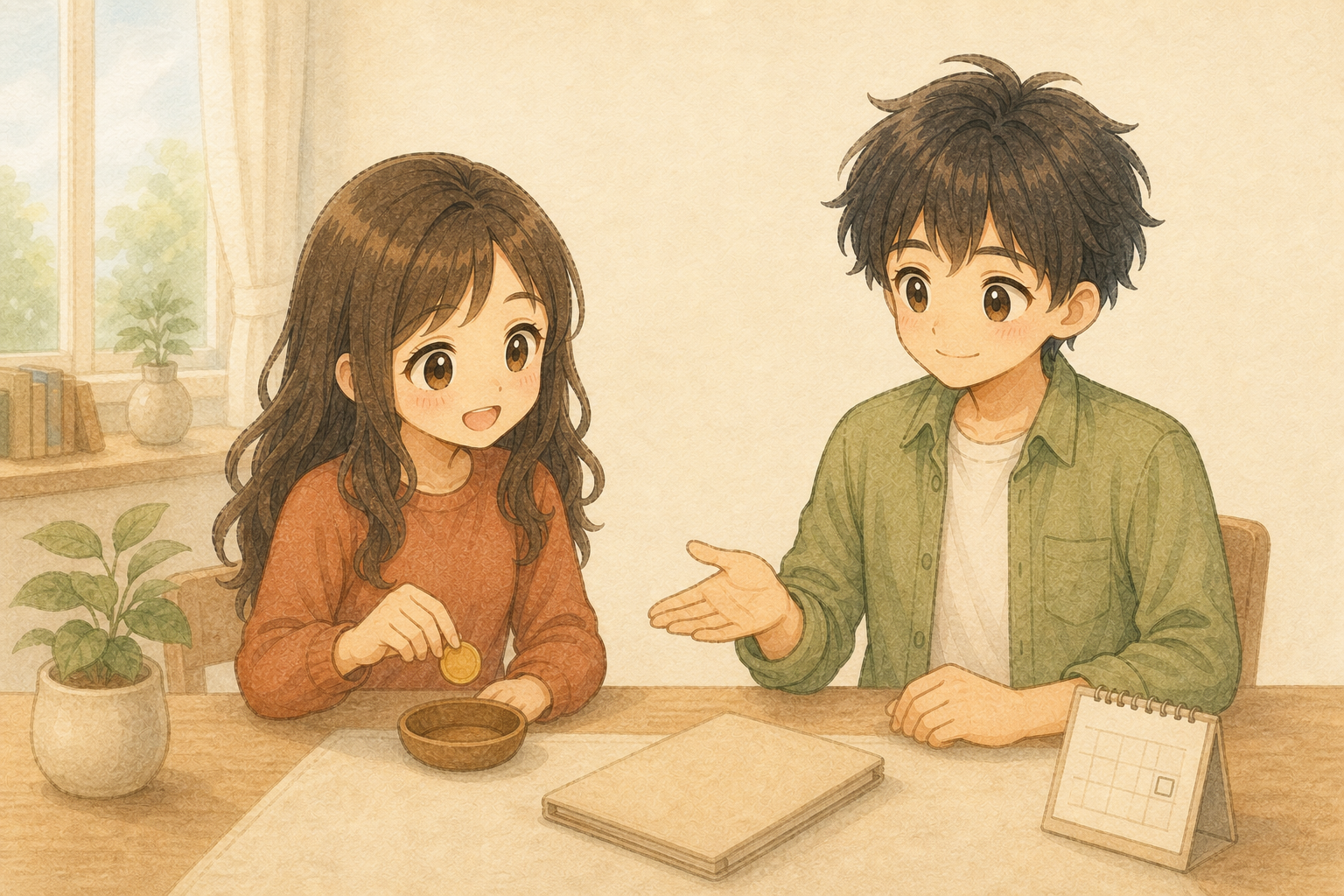 必要な支出を残し不要な継続費を一つ見直した後に落ち着いて家計を続ける夫婦の水彩イラスト