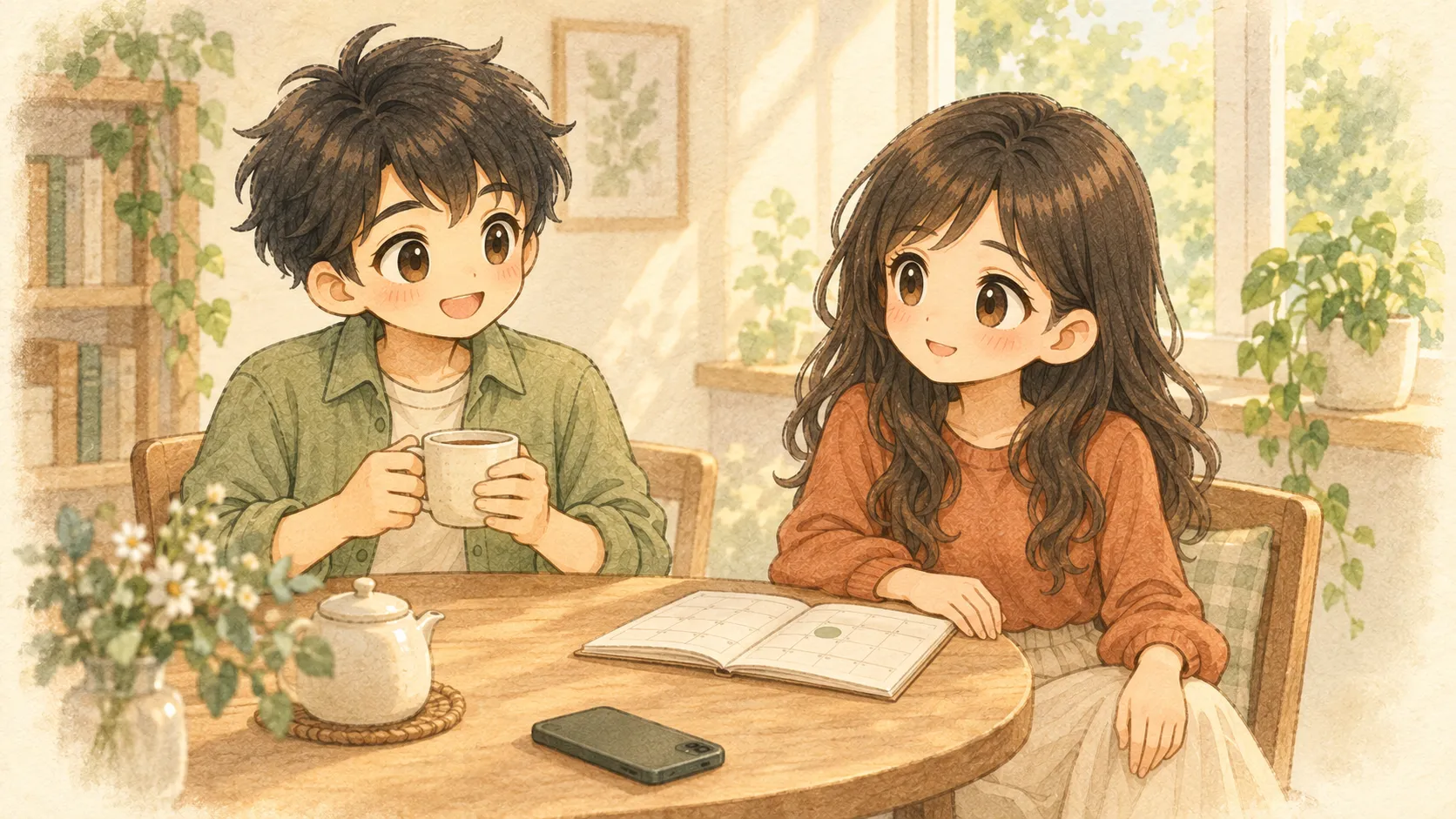 予定を立て終えたKとUがカレンダーを閉じる前にお茶でひと息つく場面