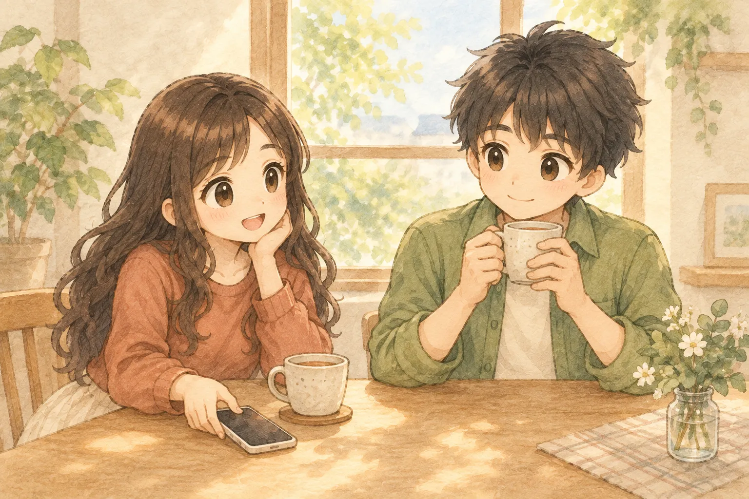 スマホをしまい、窓辺でお茶を飲むKとU