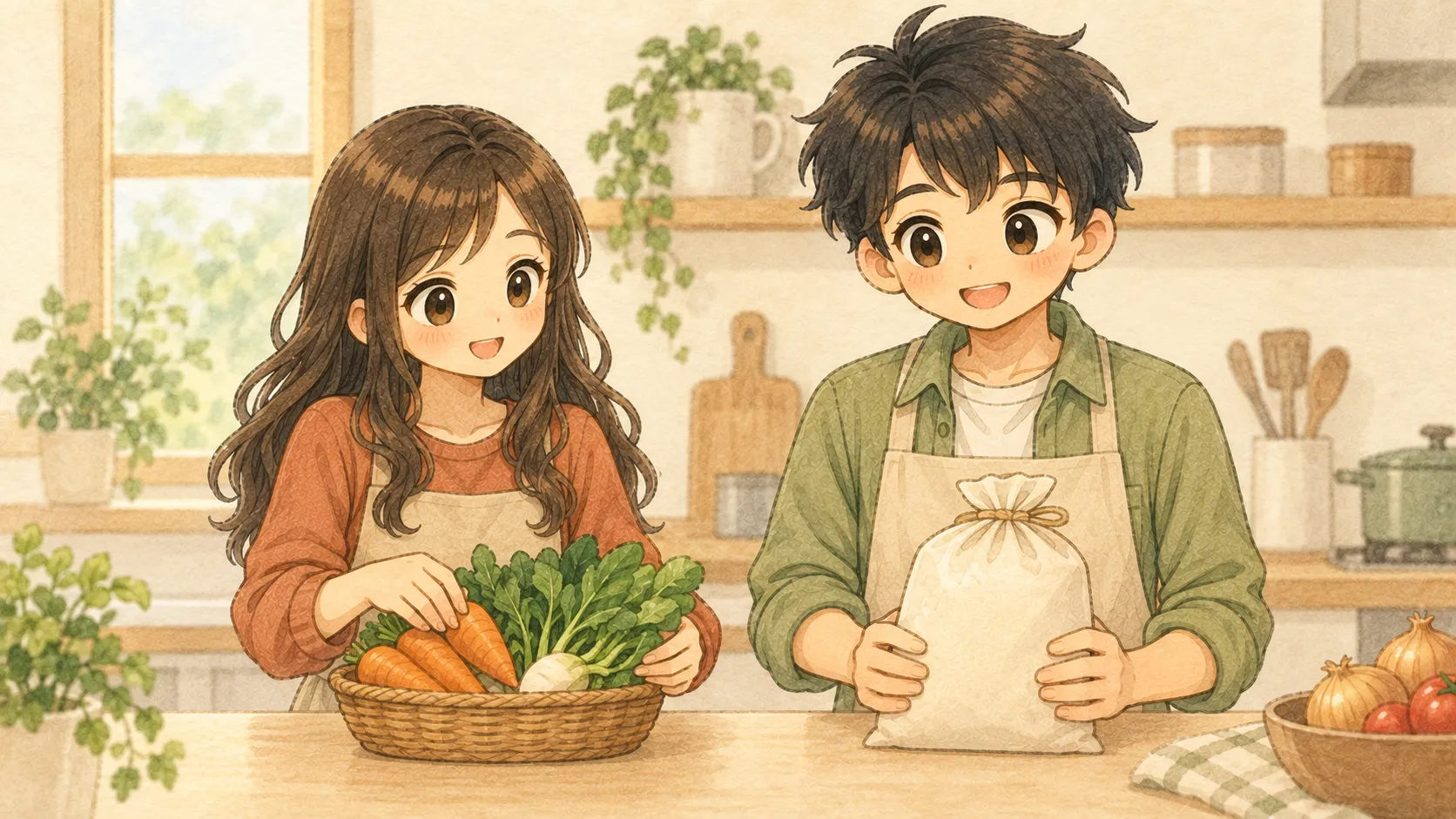 家計に無理のない選択をした後の暮らしをイメージし、台所で少量のお米と野菜を整えるKとU