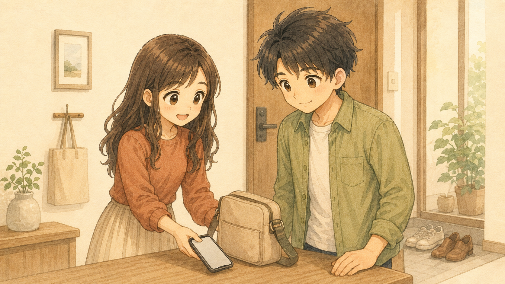 家族の連絡手段を残しながら通信費を軽くした穏やかな生活を描くKとUの水彩イラスト