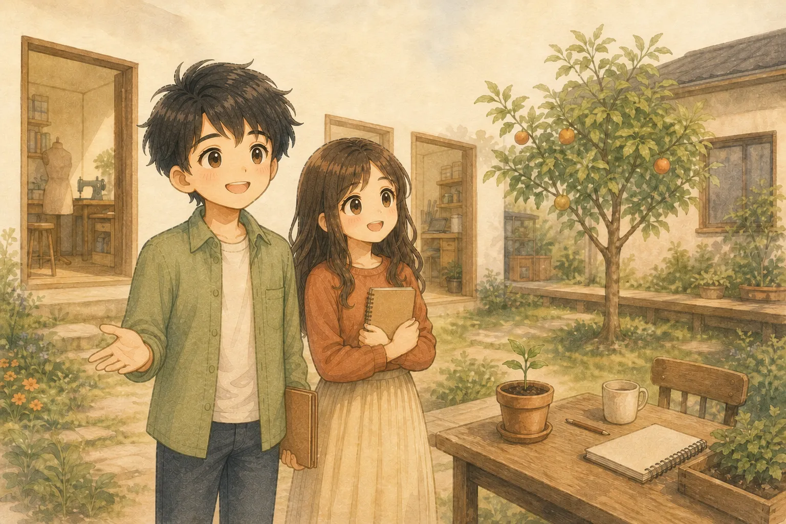 KとUが複数の仕事の入口と副業の苗、その先で実り始めた資産の木を眺める水彩イラスト
