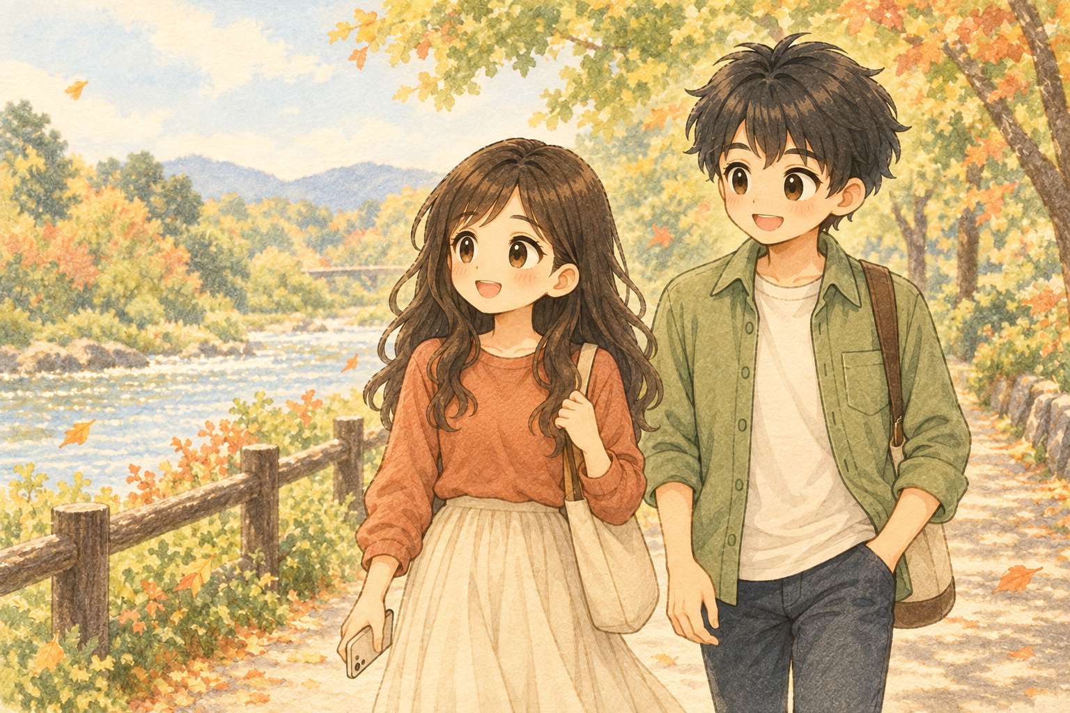 スマホを手に下げ、川沿いの散歩を楽しむKとUの水彩イラスト