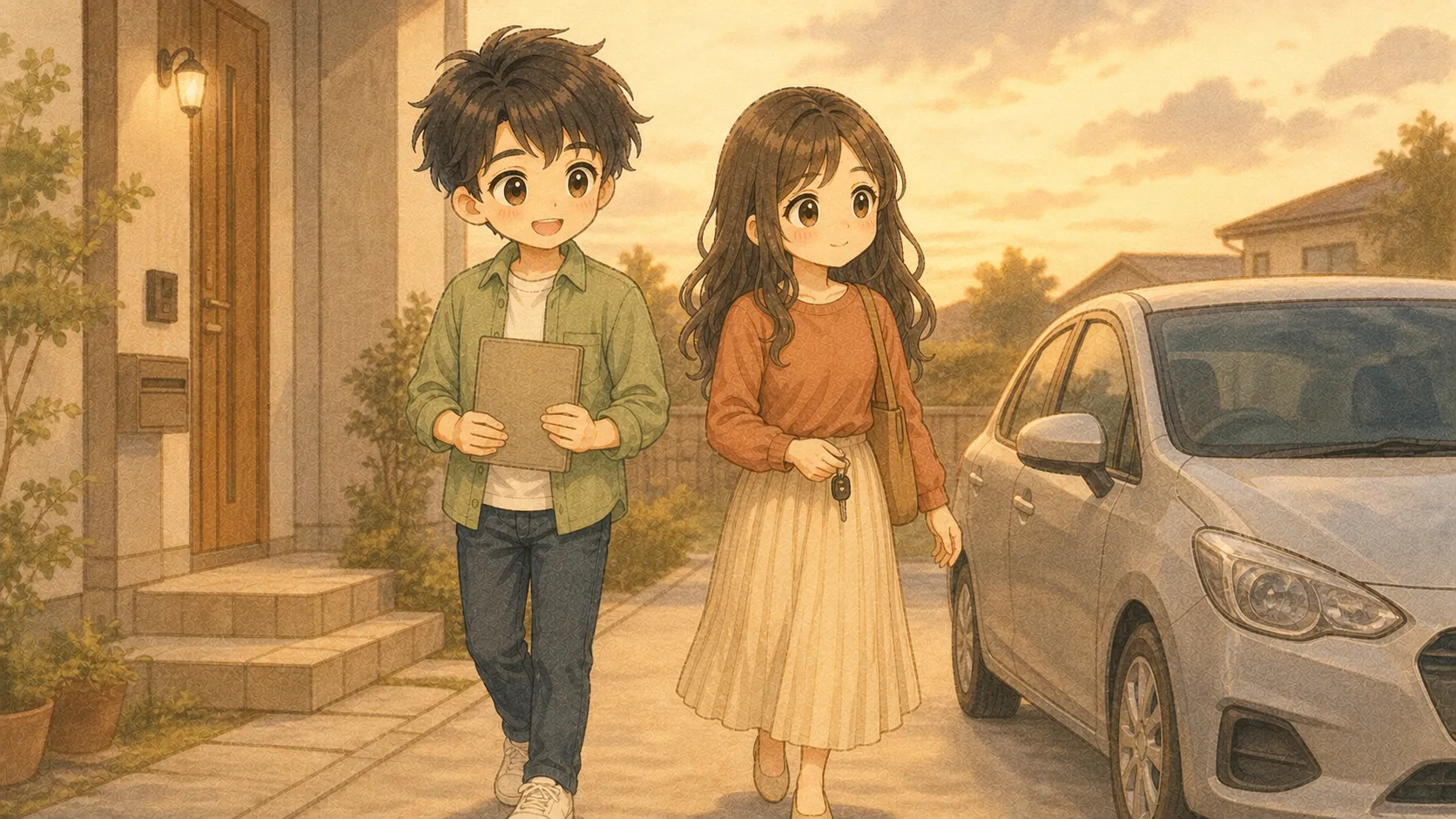 確認済みの価格候補を持ち、夕方の車へ穏やかに向かうKとU