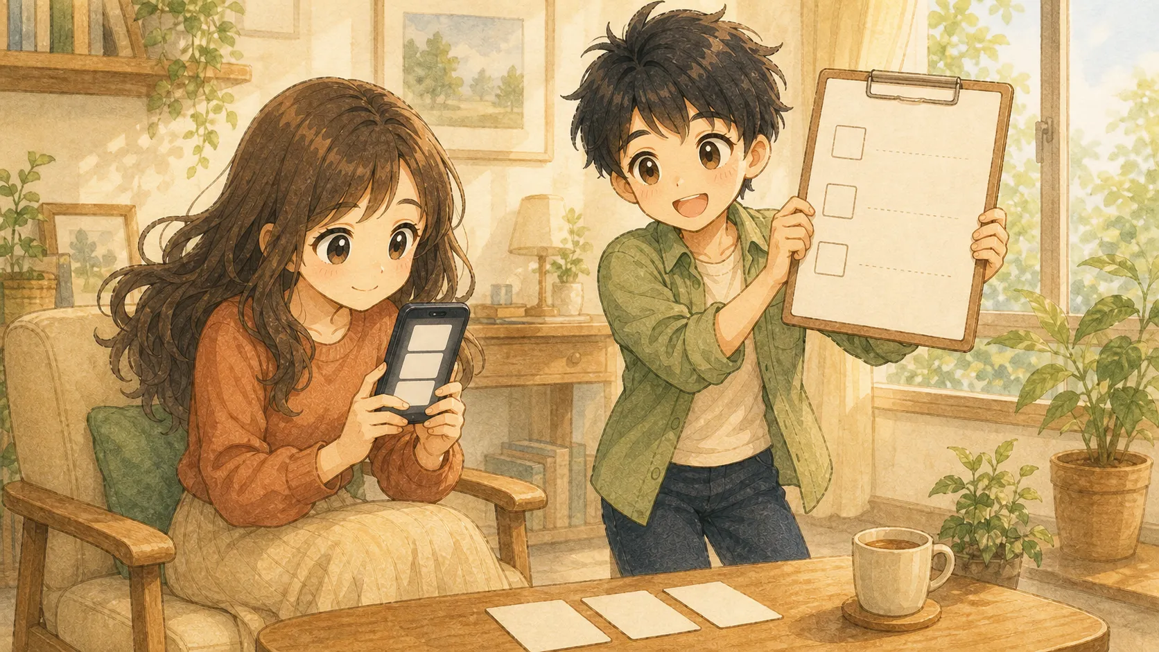 求人を3件だけ確認するUとチェックボードを掲げるK