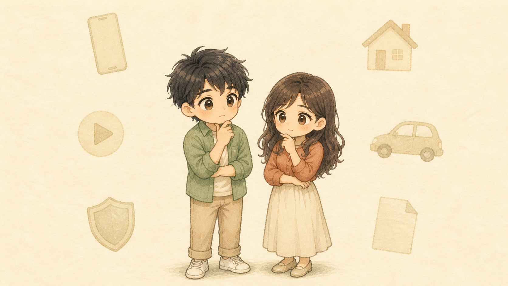 KとUが固定費にはどのようなものがあるかを一緒に考えるイラスト