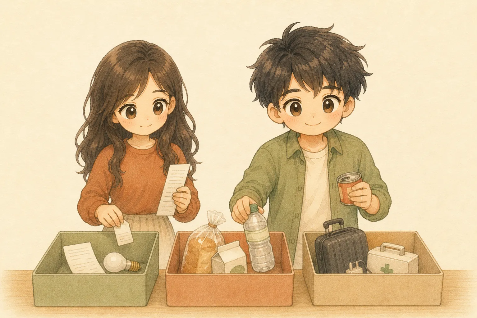 KとUが固定費・毎月の変動費・年に数回の特別費を三つの箱へ分ける水彩イラスト