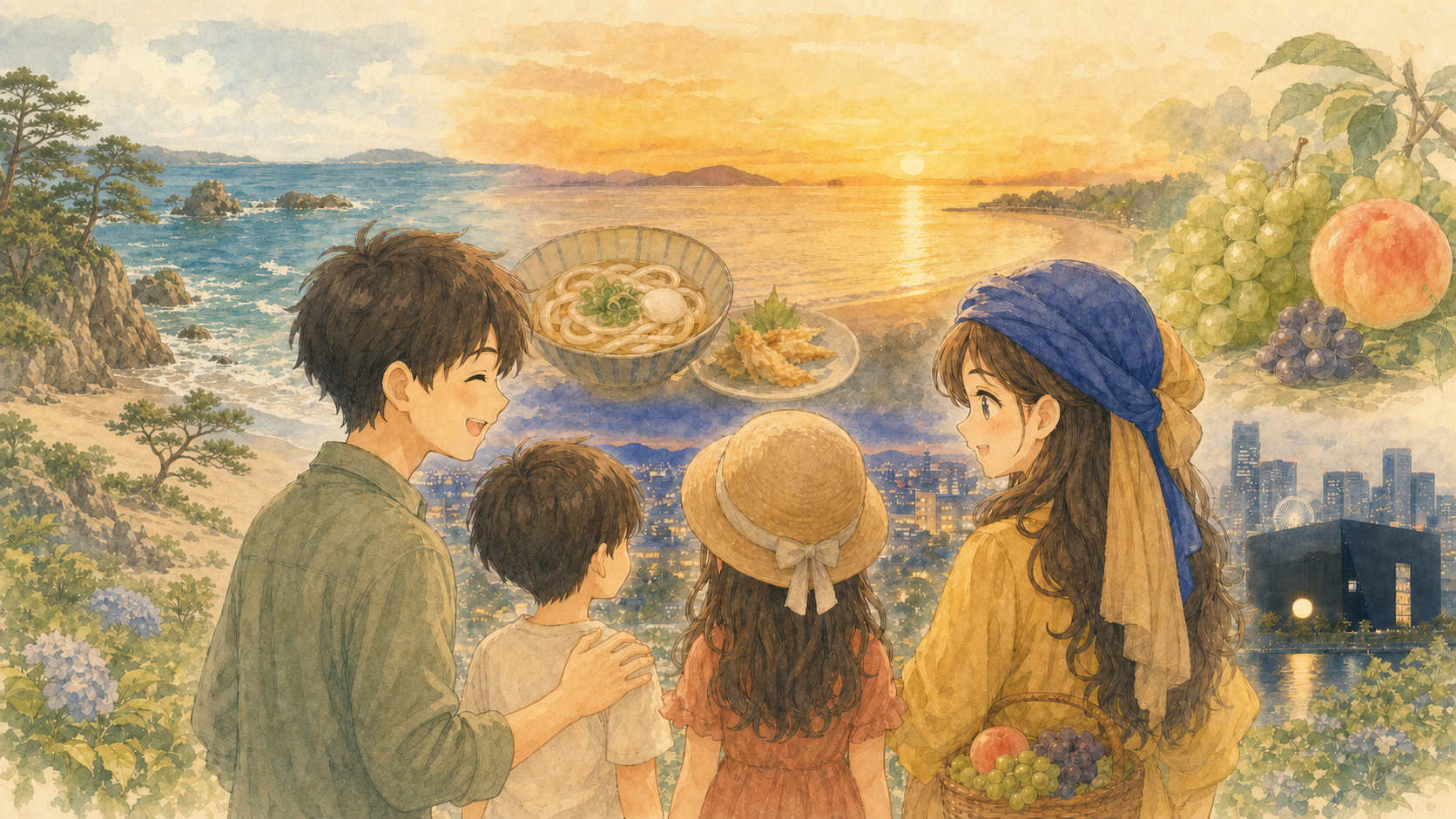 高知、香川、岡山、大阪の思い出を背景に並ぶ家族4人の水彩イラスト