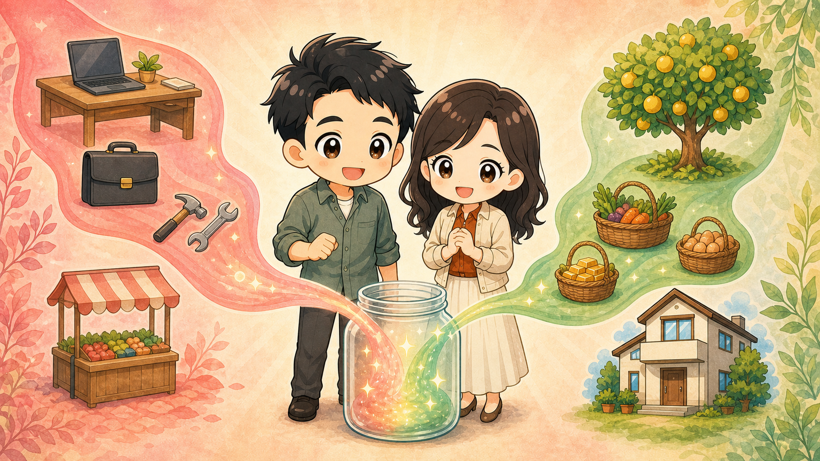 働く夫婦からの流れと、資産の木や賃貸住宅からの流れが一つの家計に注ぐイラスト