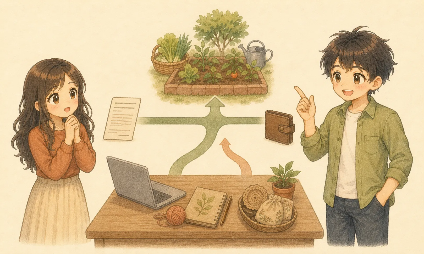 一本の給与収入から給与と副業の二本の収入源へ広がる水彩イラスト