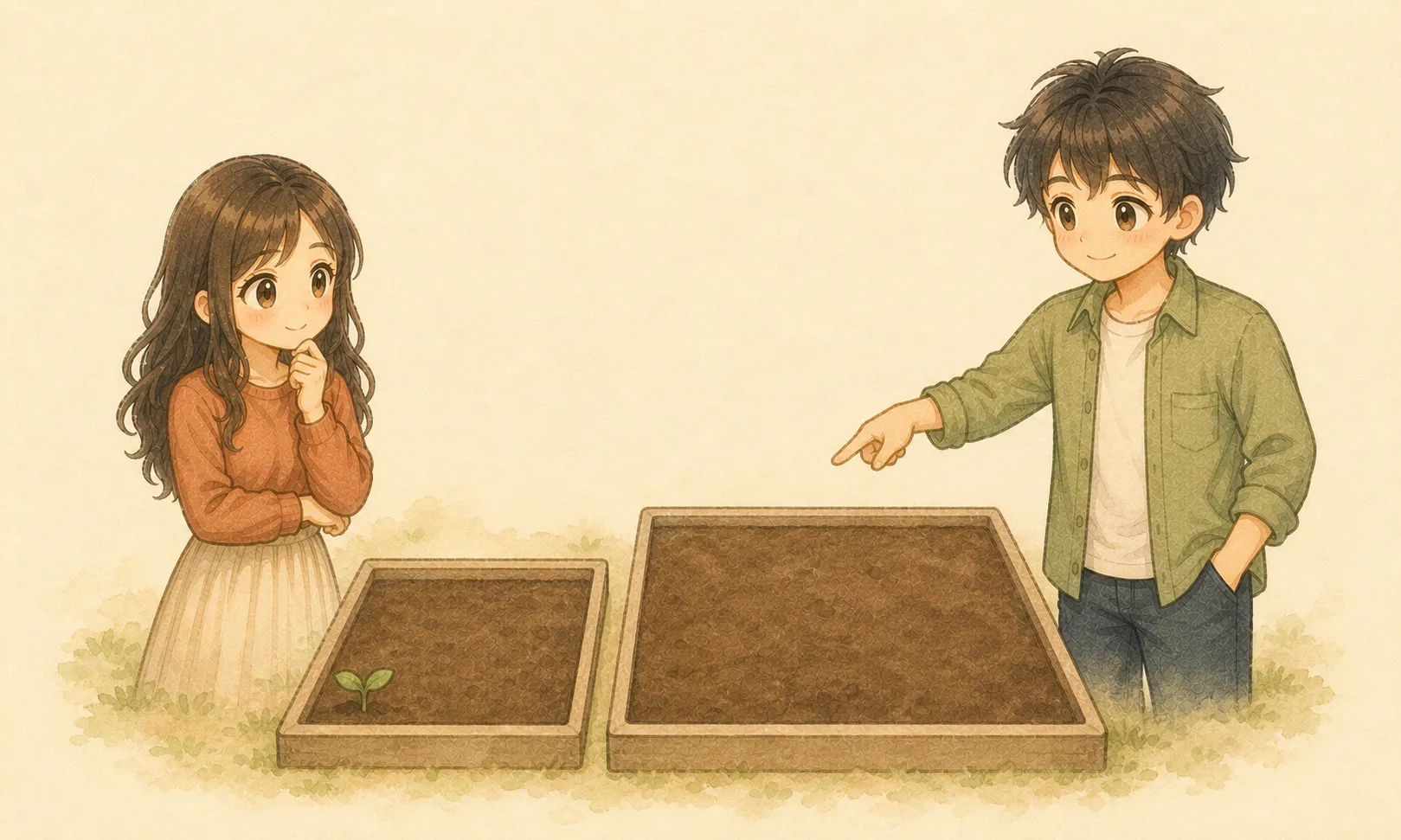 二つの投資枠を見渡し、小さな苗から始めるKとUの水彩イラスト