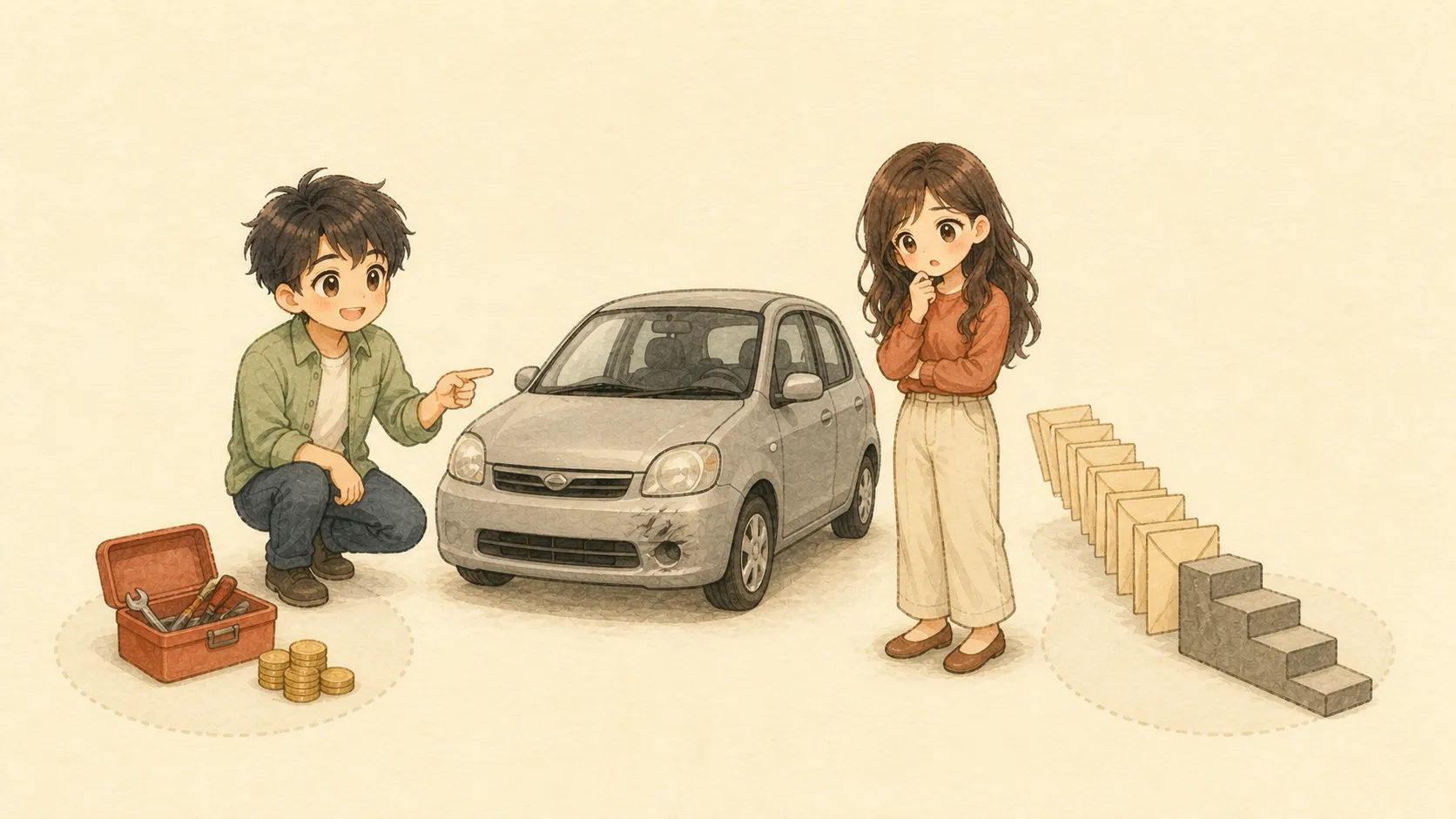 車の小さなへこみを前に修理費と保険料を比べるKとU