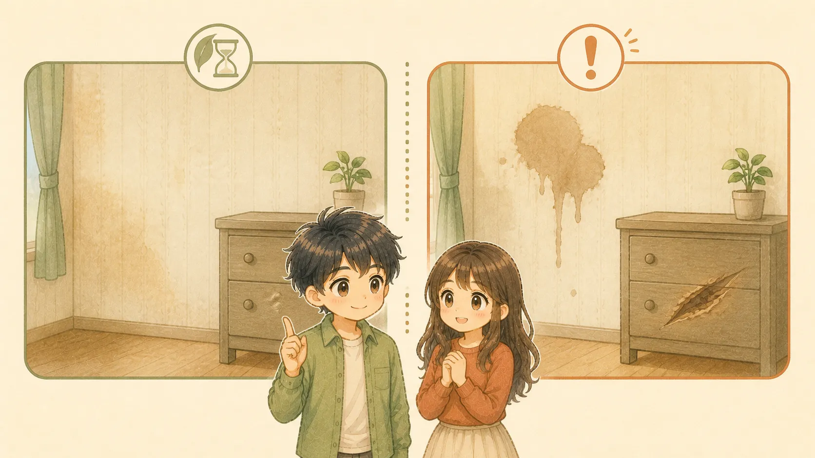 普通に暮らした傷みと借主の過失による傷を見比べるKとUの水彩イラスト